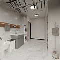 Modern Bathroom With Marble Walls Sink Washing Machine Cabinets And Ceiling Lights