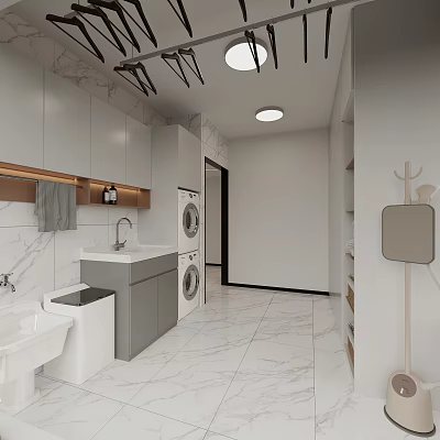 Modern Bathroom With Marble Walls Sink Washing Machine Cabinets And Ceiling Lights 3d model