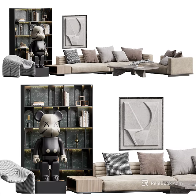 Elegant Modern Sofa And Coffee Table Set With Decorative Pillows Artwork And Sculpture 3d model 