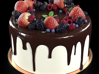 Vanilla Cake With Chocolate Drizzle And Fresh Berries Mint Leaves Garnish 3d model