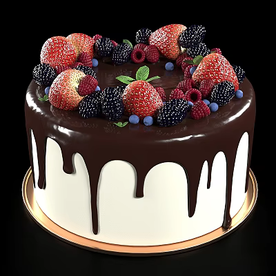 Vanilla Cake With Chocolate Drizzle And Fresh Berries Mint Leaves Garnish 3d model