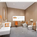 Contemporary Restroom Interior With Wooden Walls Gray Flooring White Fixtures Orange Handrails And Oval Mirror