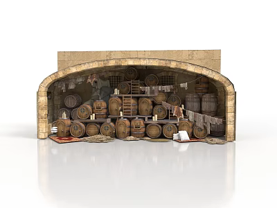 Traditional Wine Cellar Interior With Oak Barrels Archway Walls And Wooden Shelves 3d model