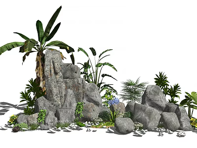 Garden Ornament With Natural Rock Formation Palm Tree And Green Plants 3d model