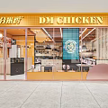 Elegant Modern Open concept Restaurant Interior Featuring Orange Blue Tones Marble Cabinets And Pendant Lights
