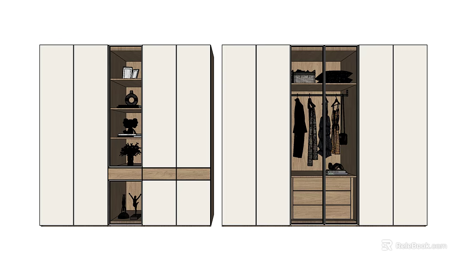 Modern Wardrobe Interior Design With Open Shelves Hanging Clothes Drawers And Decorative Items 3d model 
