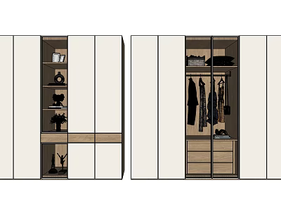 Modern Wardrobe Interior Design With Open Shelves Hanging Clothes Drawers And Decorative Items 3d model