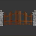 Red Iron Gate With Decorative Spikes And Stone Pillars Topped With Spheres