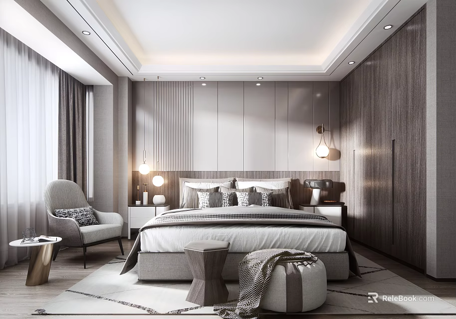 Modern Bedroom Interior Design With Wooden Headboard Hanging Lamps Accent Chair And Geometric Rug 3d model 