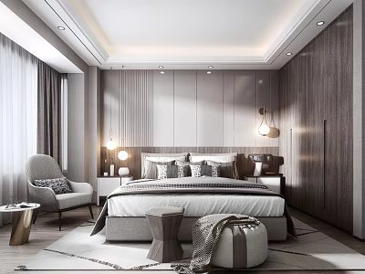 Modern Bedroom Interior Design With Wooden Headboard Hanging Lamps Accent Chair And Geometric Rug 3d model