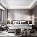 Modern Bedroom Interior Design With Wooden Headboard Hanging Lamps Accent Chair And Geometric Rug