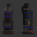 Tactical Futuristic Weapon Device With Blue Straps Gray Body Red Glowing Base And Top Wires