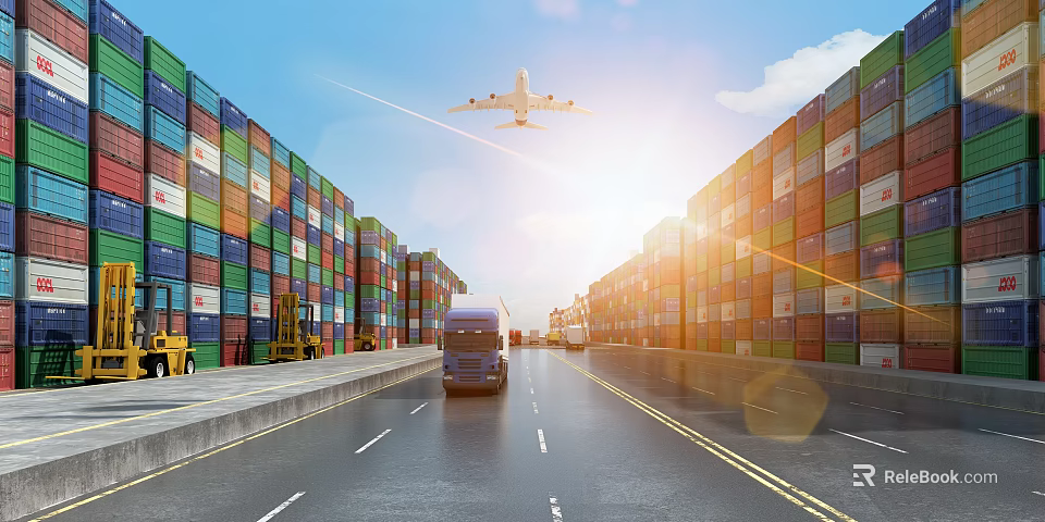 Vibrant Port Scenery With Colorful Containers Blue Truck And Airplane Under Blue Sky Sunshine 3d model 