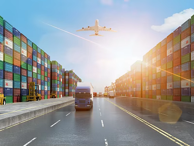 Vibrant Port Scenery With Colorful Containers Blue Truck And Airplane Under Blue Sky Sunshine 3d model