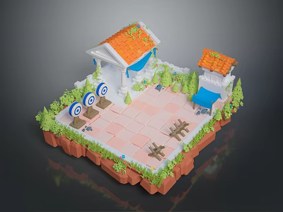 Modern Miniature Scene With Small Houses Orange Roofs Blue Awnings Green Plants Stone Path Targets 3d model