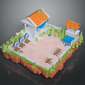 Modern Miniature Scene With Small Houses Orange Roofs Blue Awnings Green Plants Stone Path Targets