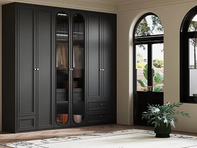 Stylish Black Cabinetry With Glass Doors In Room With Arched Windows And Plant 3d model
