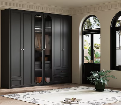 Stylish Black Cabinetry With Glass Doors In Room With Arched Windows And Plant 3d model