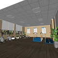 Hospital Outpatient Rehabilitation Training Room with Fitness Equipment Handrails Blue Steps and Green Plants