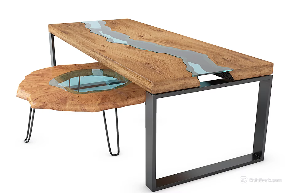 Stylish Tea Table And Chair With Wooden Top Transparent River Design Black Metal Legs 3d model 
