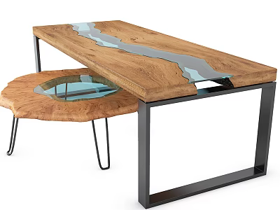 Stylish Tea Table And Chair With Wooden Top Transparent River Design Black Metal Legs 3d model