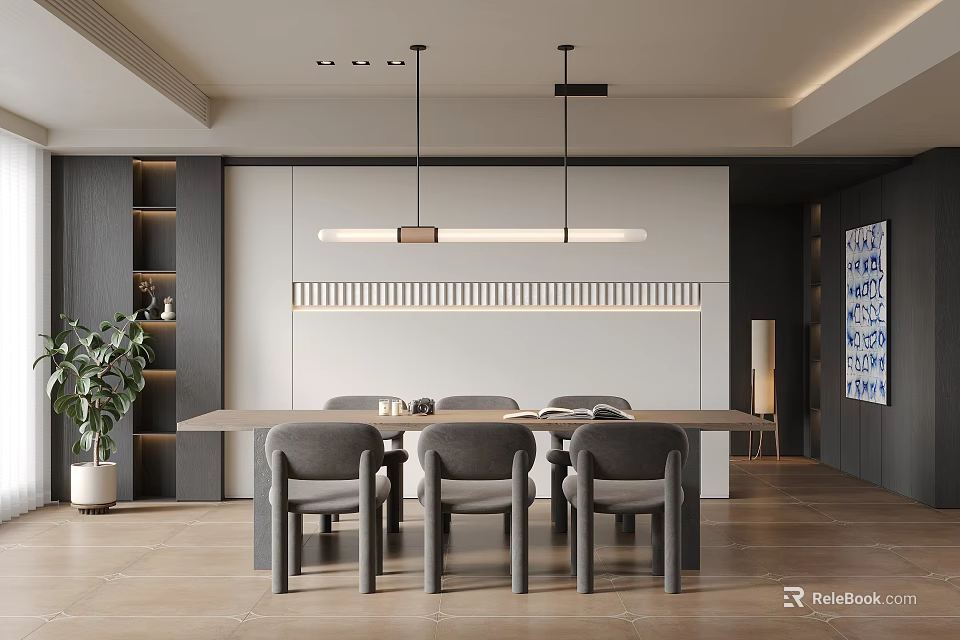 Modern Dining Room With Long Table Gray Chairs Hanging Lights Wall Art And Potted Plant 3d model 