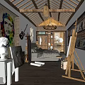 Artistic Hotel Room Interior With Wooden Ceiling Brick Wall Sculptures And Paintings