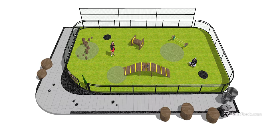 Pet Activity Area With Grassy Field Fenced Enclosure Wooden Bridge And Dog Play Toys 3d model 