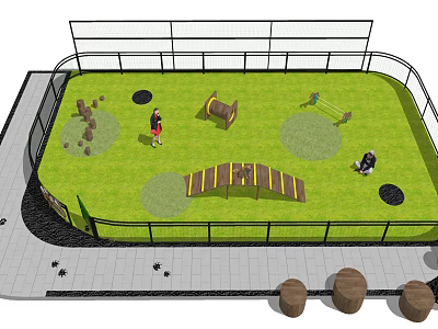 Pet Activity Area With Grassy Field Fenced Enclosure Wooden Bridge And Dog Play Toys 3d model