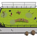 Pet Activity Area With Grassy Field Fenced Enclosure Wooden Bridge And Dog Play Toys