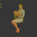 Woman in gray suit holding pink white bouquet wearing pink high heels against gray background