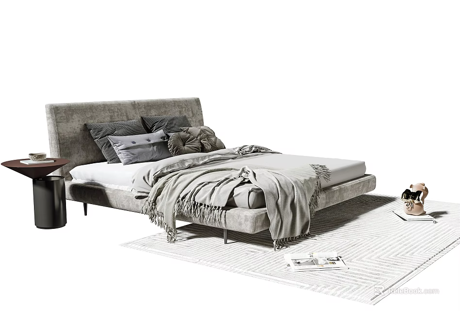 Double Bed With Upholstered Headboard Plush Pillows Throw Blanket Side Table And Area Rug 3d model