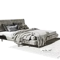 Double Bed With Upholstered Headboard Plush Pillows Throw Blanket Side Table And Area Rug 3d model