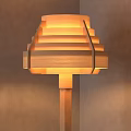 Modern Minimalist Wooden Floor Lamp With Striped Shade And Warm Light Against Gray Wall Background
