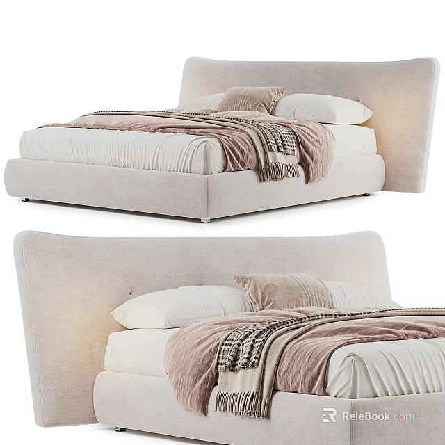 Modern Double Bed With Curved Light Beige Headboard White Sheets And Brown Blankets 3d model 