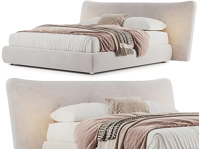 Modern Double Bed With Curved Light Beige Headboard White Sheets And Brown Blankets 3d model