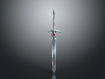 Medieval Fantasy Sword With Silver Engraved Blade Red Gemstone And Spiked Pommel 3d model