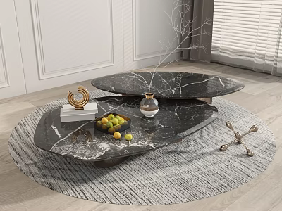 Modern Marble Coffee Table with Gold Decorative Ring Fruit Bowl Clear Vase on Gray Rug 3d model