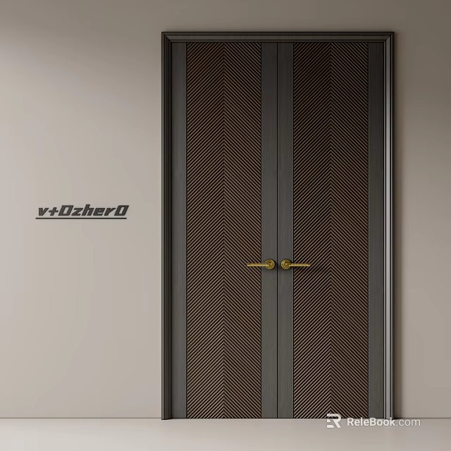 Modern Brown Textured Double Doors With Dark Frame And Golden Handles 3d model 