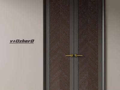 Modern Brown Textured Double Doors With Dark Frame And Golden Handles 3d model