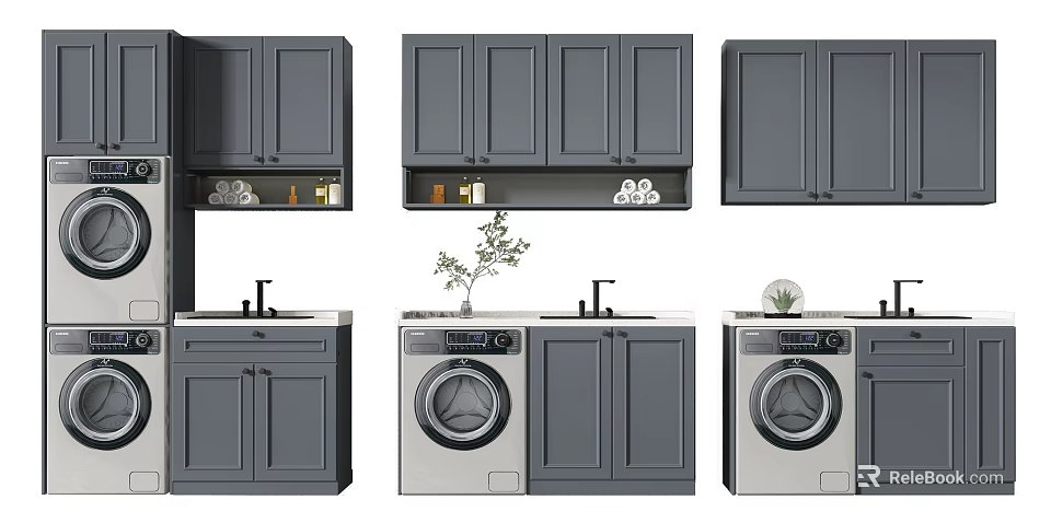Gray Modern Bathroom Cabinet Rack With Washing Machine And Storage Cabinets 3d model
