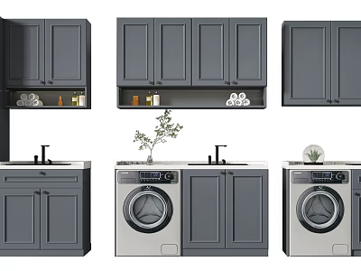 Gray Modern Bathroom Cabinet Rack With Washing Machine And Storage Cabinets 3d model