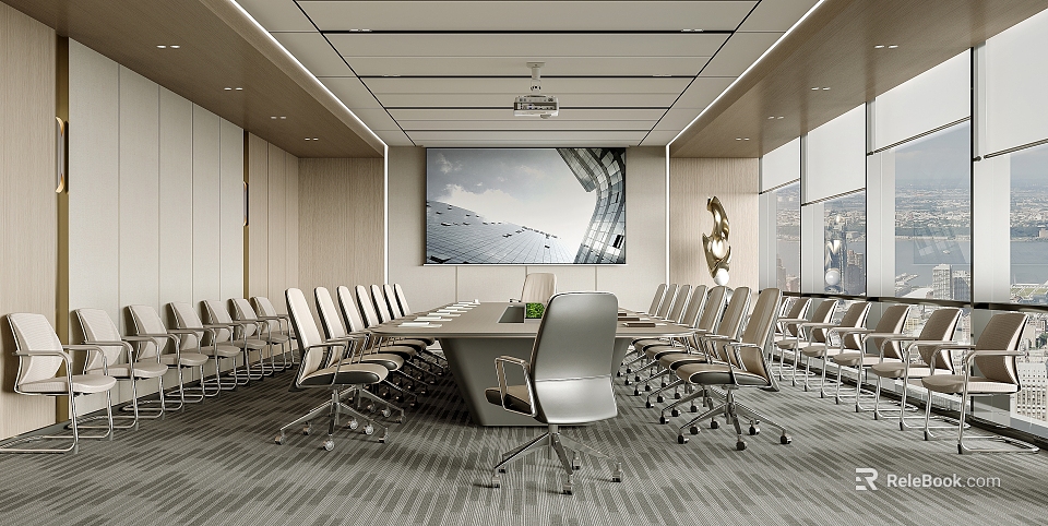 Modern Conference Room Interior With Long Table Multiple Ergonomic Chairs Projector And Wall Art 3d model 