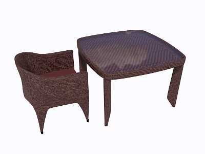 Woven Rattan Square Table And Chair Set With Red Cushion For Outdoor Patio Use 3d model