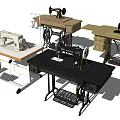 Various Style Sewing Machines On Wooden And Metal Frame Tables