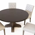 Round Wooden Dining Table Set With Four Upholstered Button Tufted Back Chairs 3d model