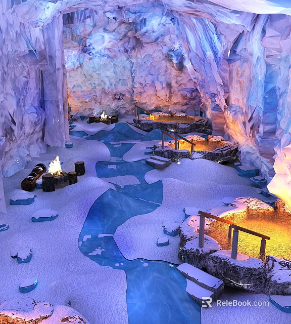 Ice Cave SPA Sauna With Snowy Ground Blue Water Channels Fire Pits And Wooden Railings 3d model 