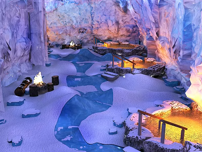 Ice Cave SPA Sauna With Snowy Ground Blue Water Channels Fire Pits And Wooden Railings 3d model