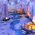Ice Cave SPA Sauna With Snowy Ground Blue Water Channels Fire Pits And Wooden Railings