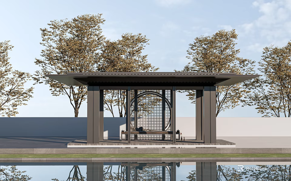 Chinese Style Pavilion With Lattice Design And Water Reflection Surrounded By Trees 3d model